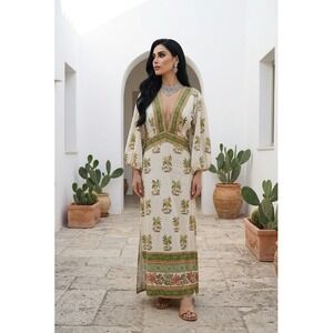 Farm Rio Tropical Palm Tree Print Cut-Out Maxi Dress Green Cream Size G Large